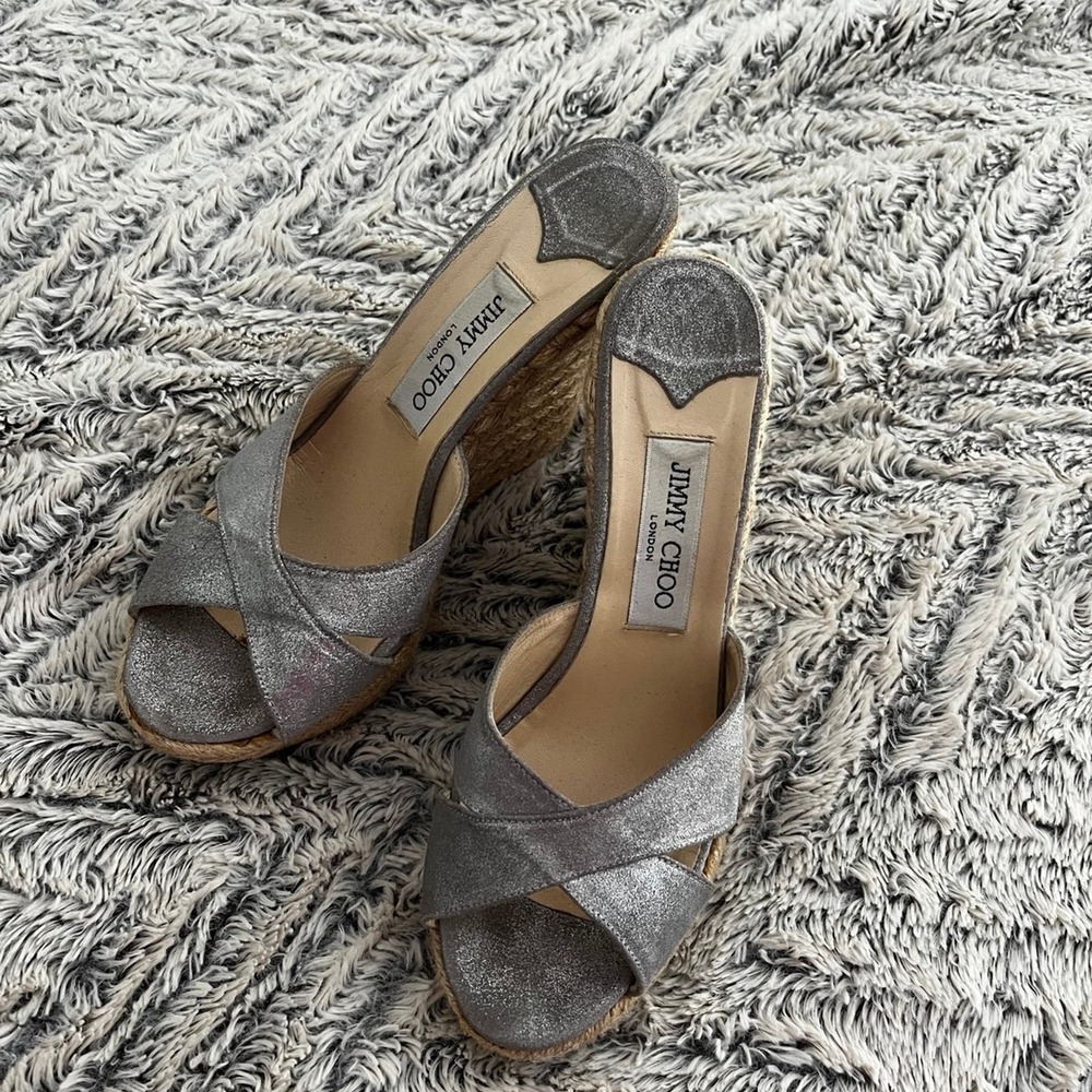 Jimmy Choo criss cross silver metallic wedges, sandals, size 38